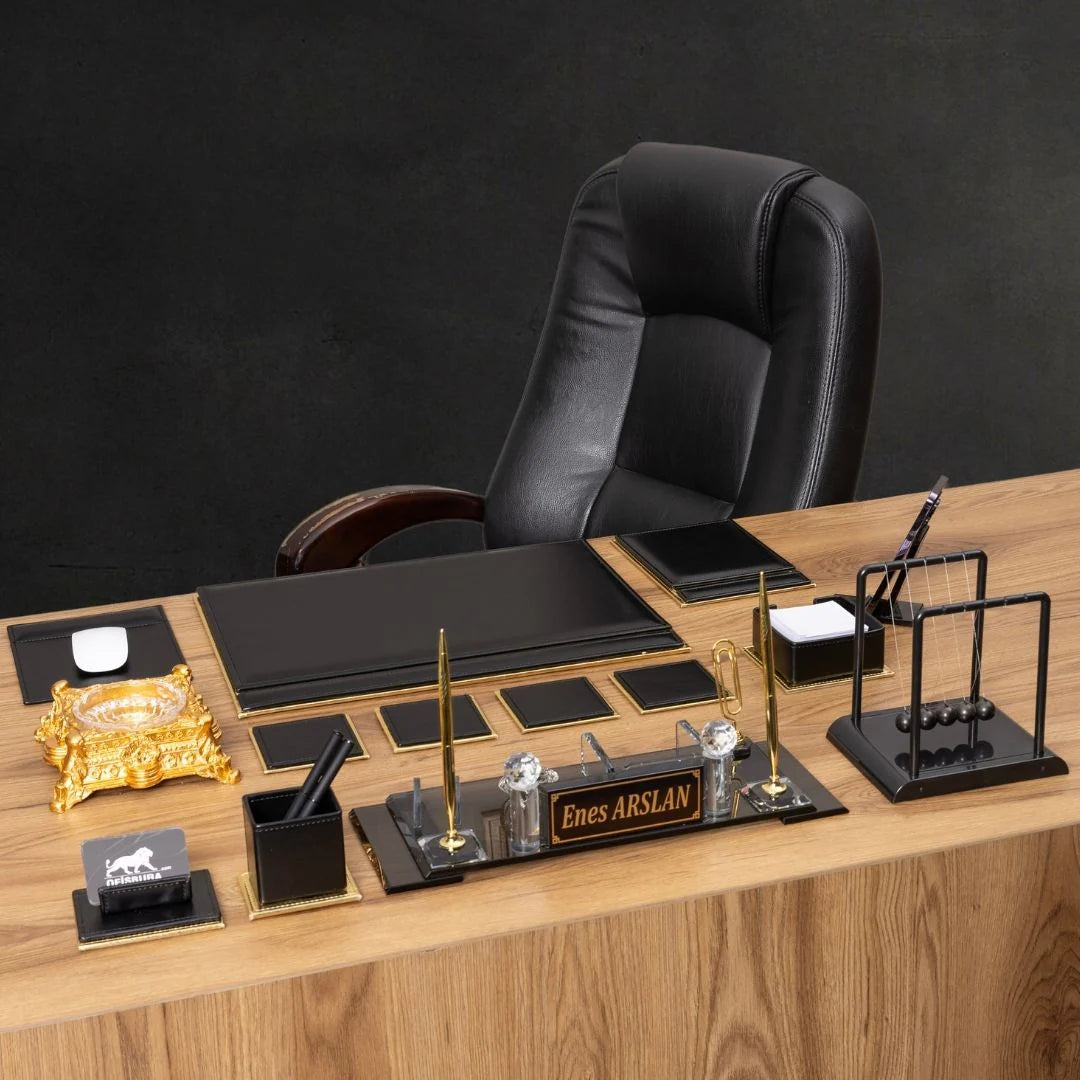 Black & Gold Leather 14-Piece Premium Desk Set