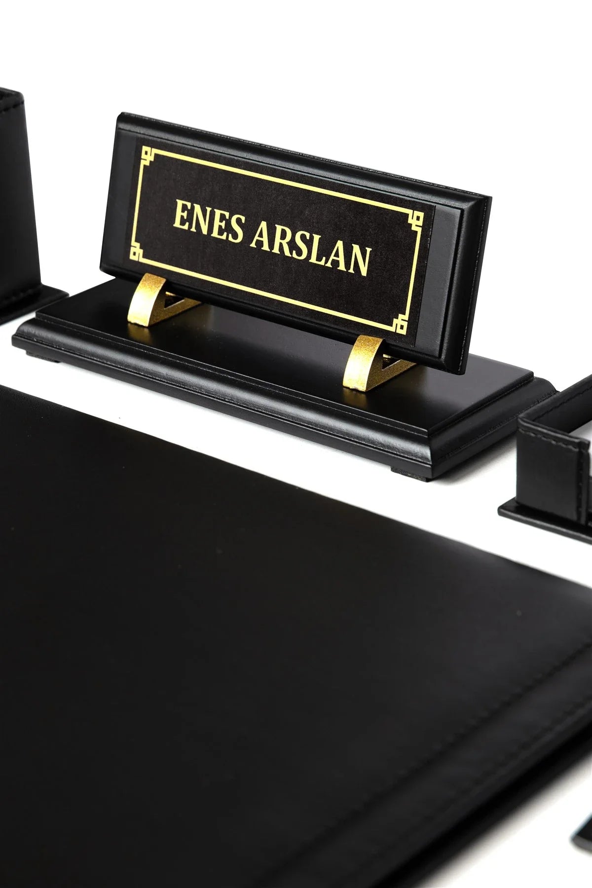 Leather Desk Set with Wooden Nameplate, 10 Pieces