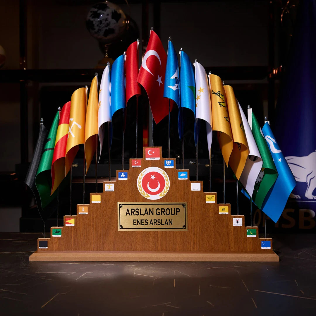 17-Piece Turkic States Flag Set with Wooden Base - Personalized (70 × 50 cm)