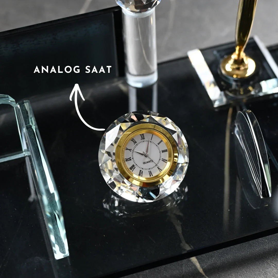 15-Piece Crystal Desk Set & Nameplate Set - Large Nameplate, Gold Accents