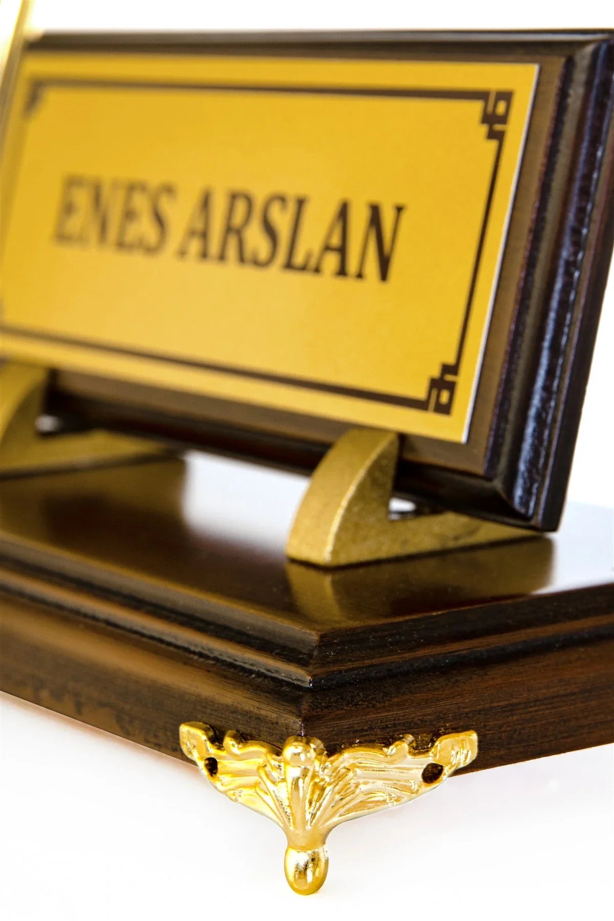 Gold-Base Wooden Desk Nameplate with Single Pen Holder