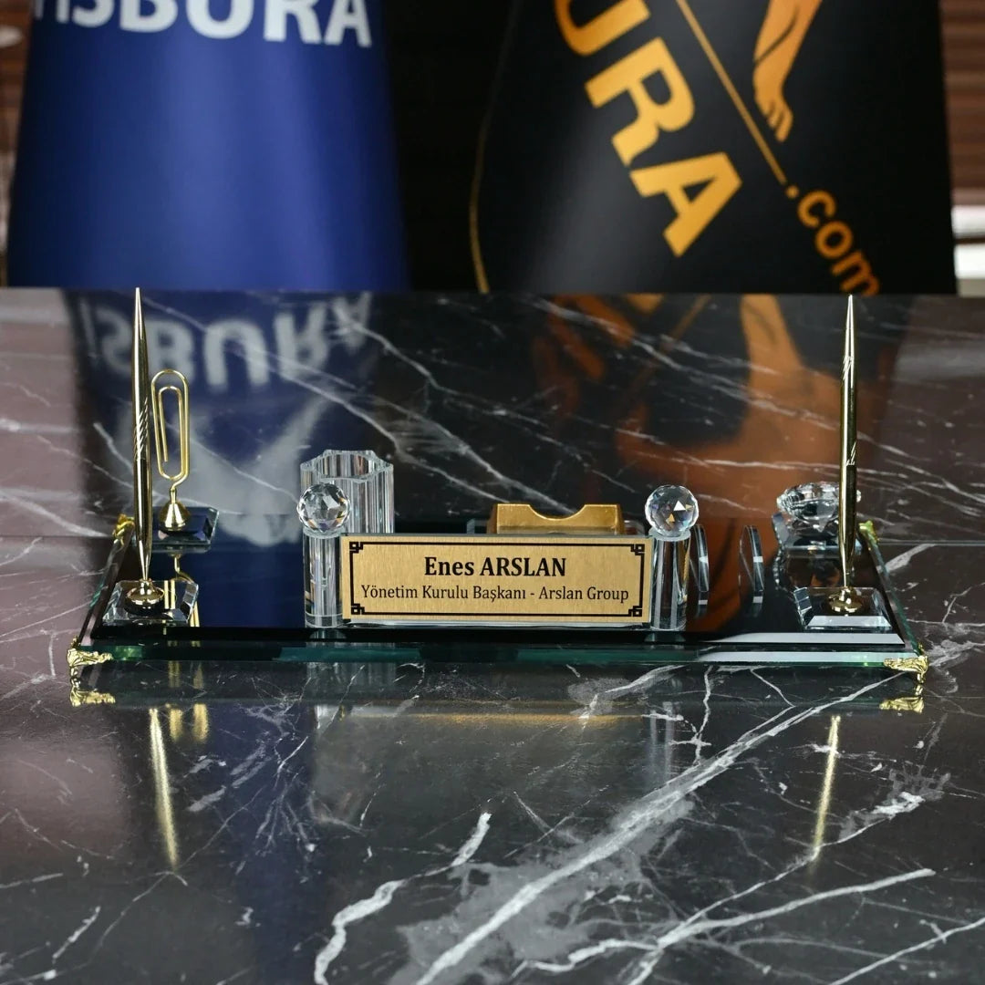 King Crystal Black Glass Desktop Nameplate - Office Nameplate Set (50 cm)