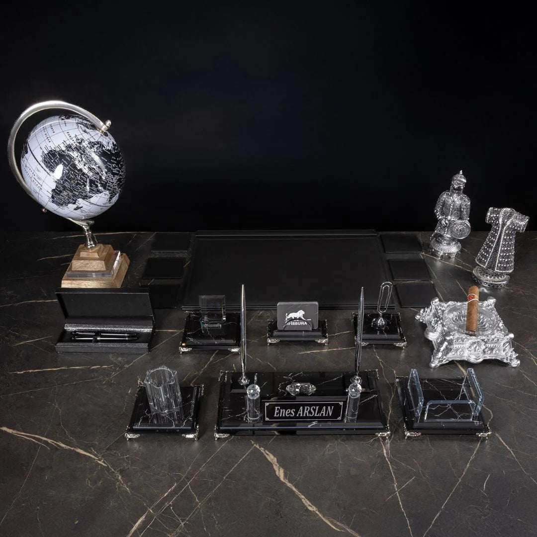 Zebra Black | 19-Piece Premium Crystal Desk Set & Nameplate Set