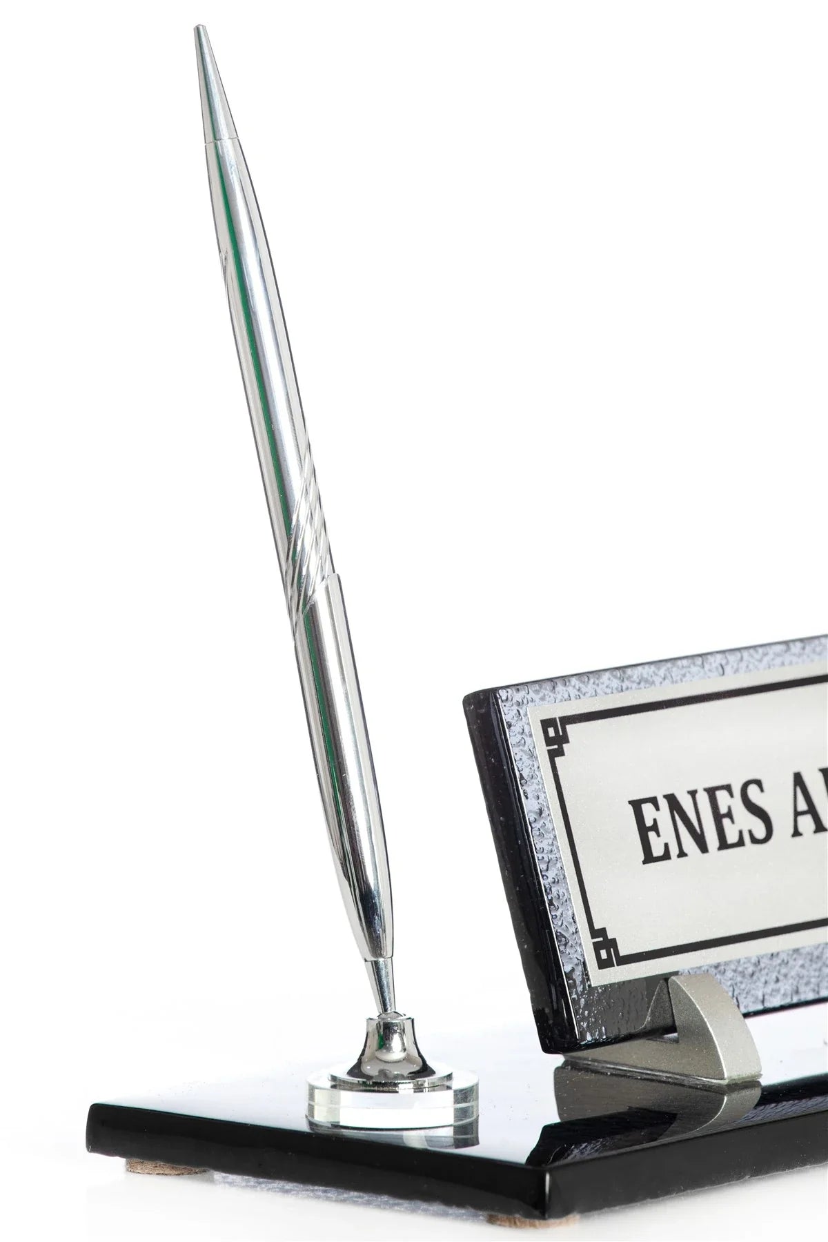 Crystal Glass Desk Nameplate with Single Pen Holder, Silver - Desktop Office Nameplate
