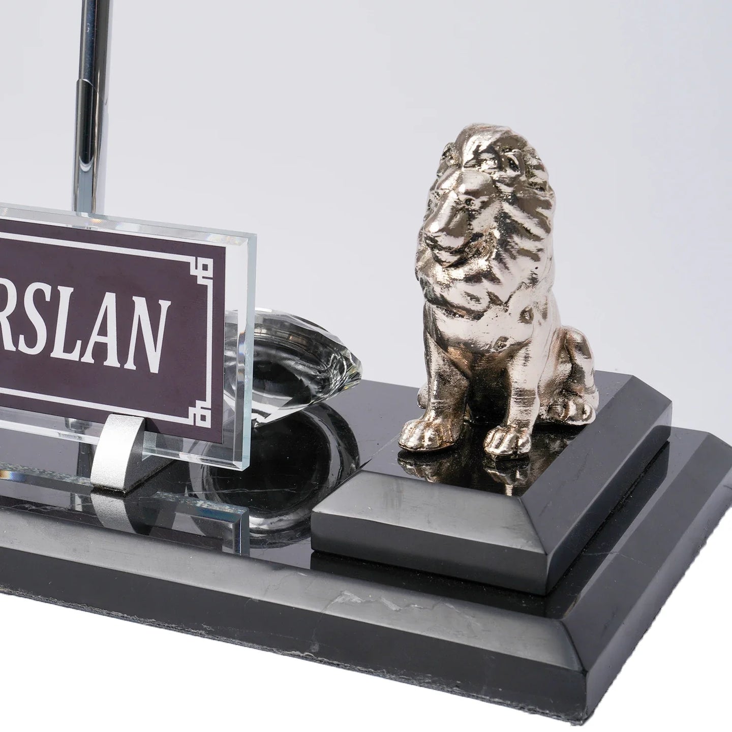 Lion-Figure Marble Desk Nameplate – Black | Personalized Prestige Nameplate