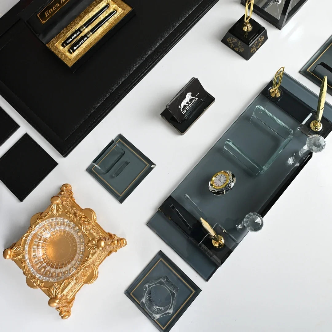 24-Piece Crystal Desk Set & Nameplate Set - Gold Accents
