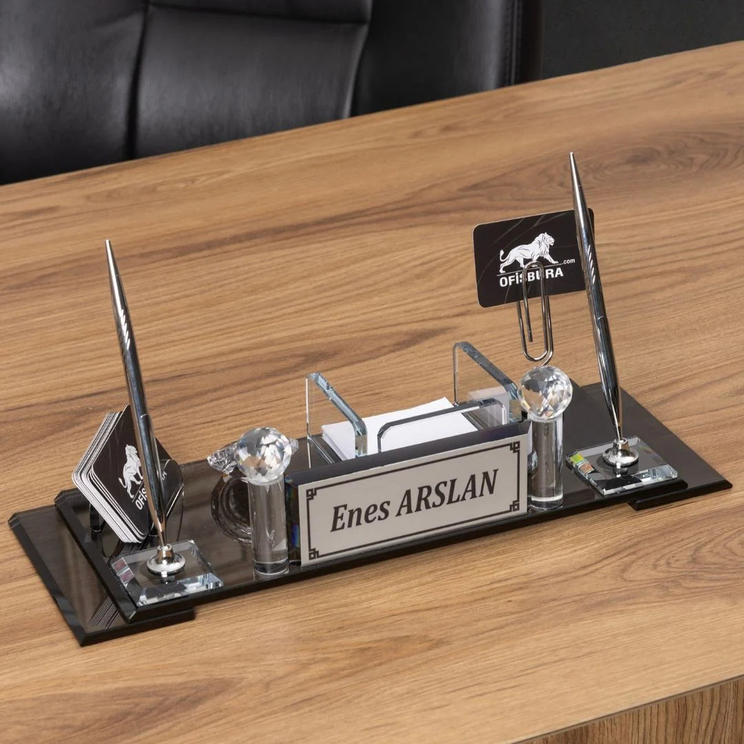 Silver-Detail Special Crystal Desk Nameplate Luxury Desk Set (40 x 20 cm)
