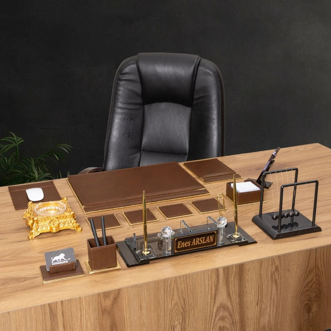 Brown & Gold Leather 14-Piece Premium Desk Set