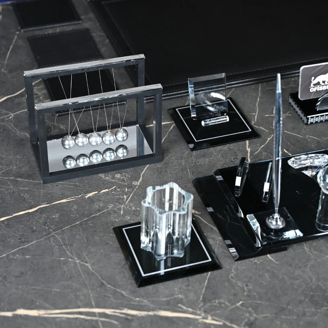 15-Piece Crystal Desk Set & Nameplate Set - Large Nameplate, Silver Accents