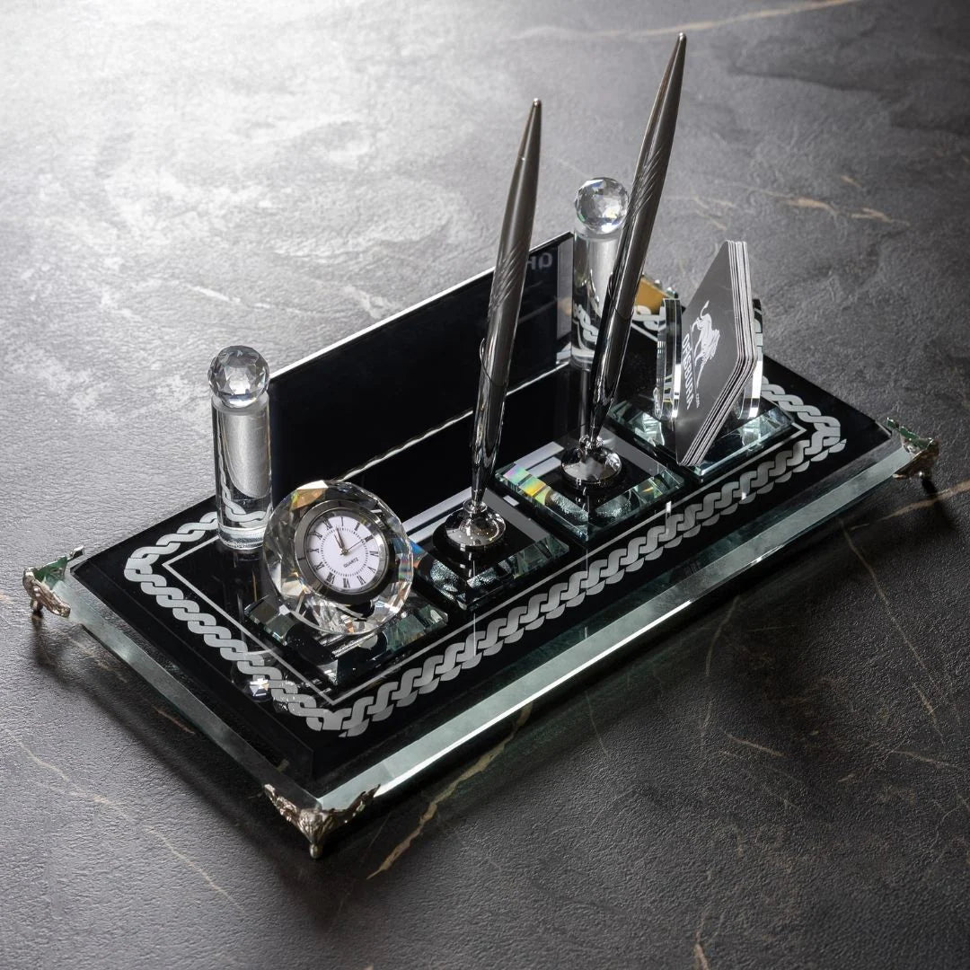 Knit-Pattern Silver Crystal Desk Nameplate - Dual Pen Holder & Clock Office Set