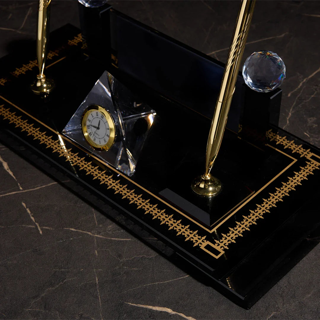 Diamond Crystal Desk Nameplate Desktop Set - Black Glass Gold