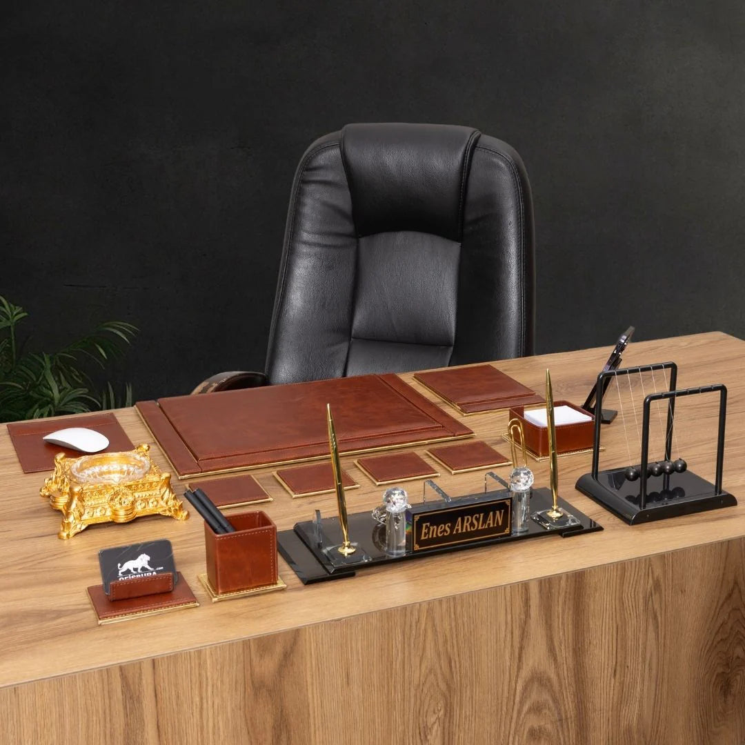 Tan & Gold Leather 14-Piece Premium Desk Set