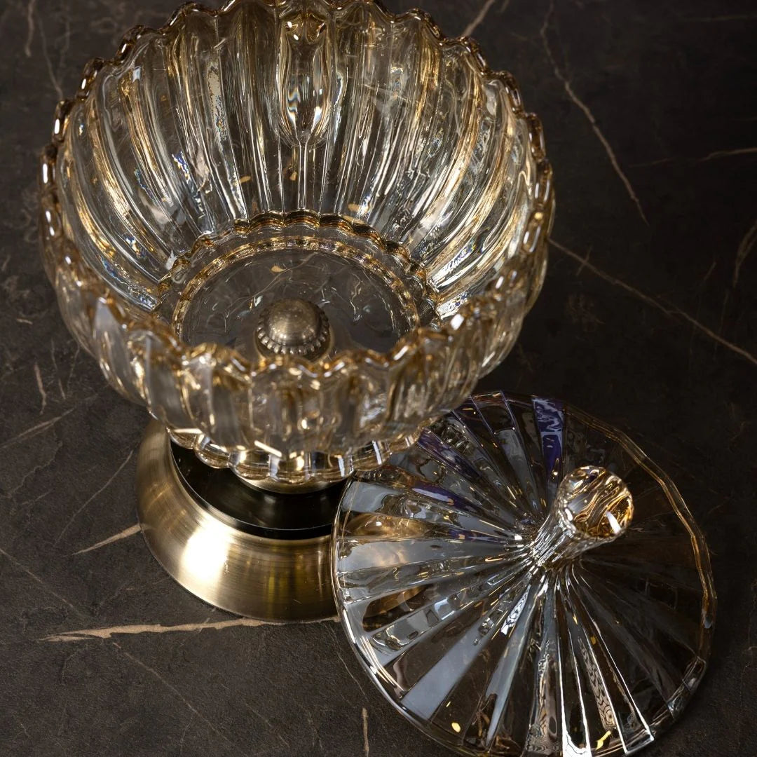 Crystal Glass Candy Dish with Lid, Gold Detail - 25 cm