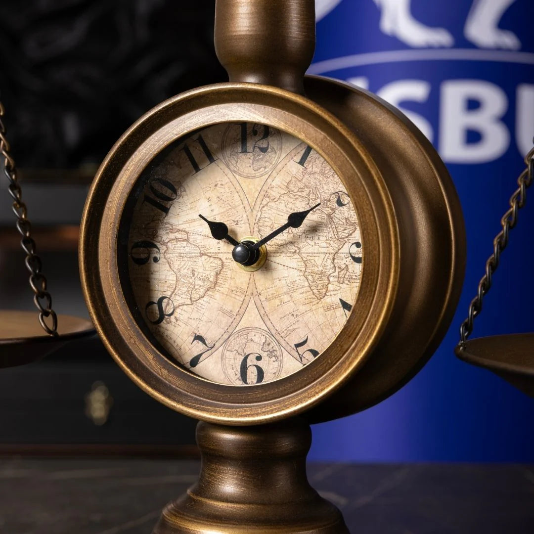 Antique Gold Metal Scales of Justice Clock | 50×50 cm