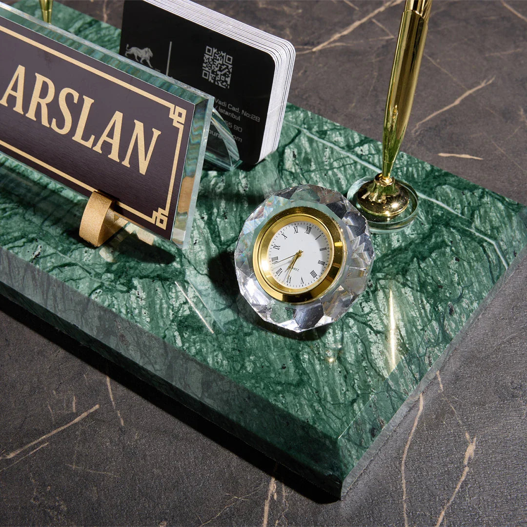 Signature Emerald Marble Desktop Nameplate Set with Clock & Dual Pen Holder - Personalized Desk Nameplate