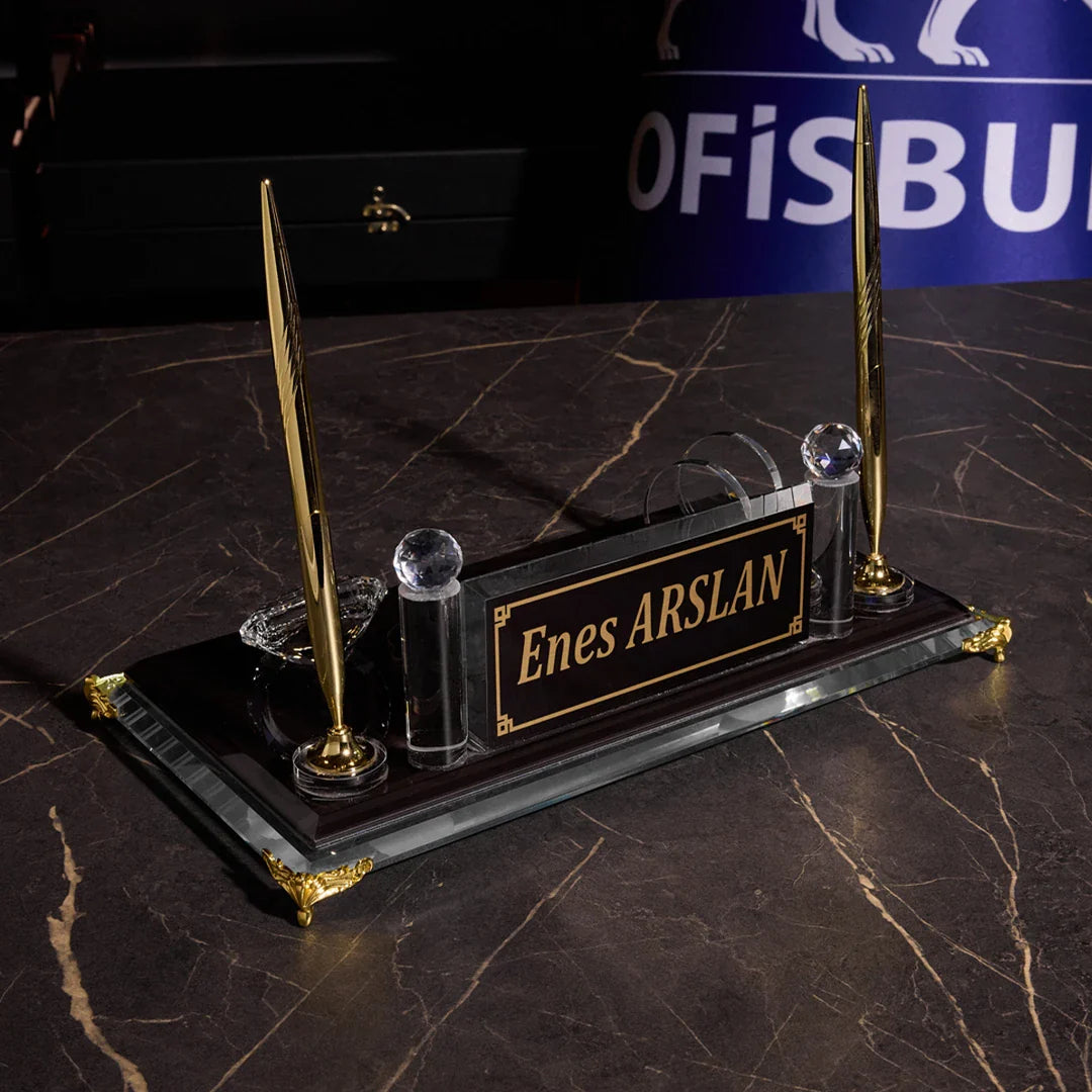 Ottoman Crest Crystal Desktop Nameplate Set, Matching Desk Sets - Personalized, with Clock & Dual Pen Holder