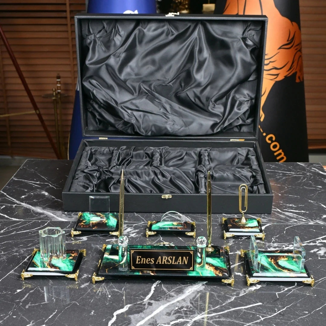 Emerald | Gift-Boxed 6-Piece Crystal Desk Set & Nameplate Set