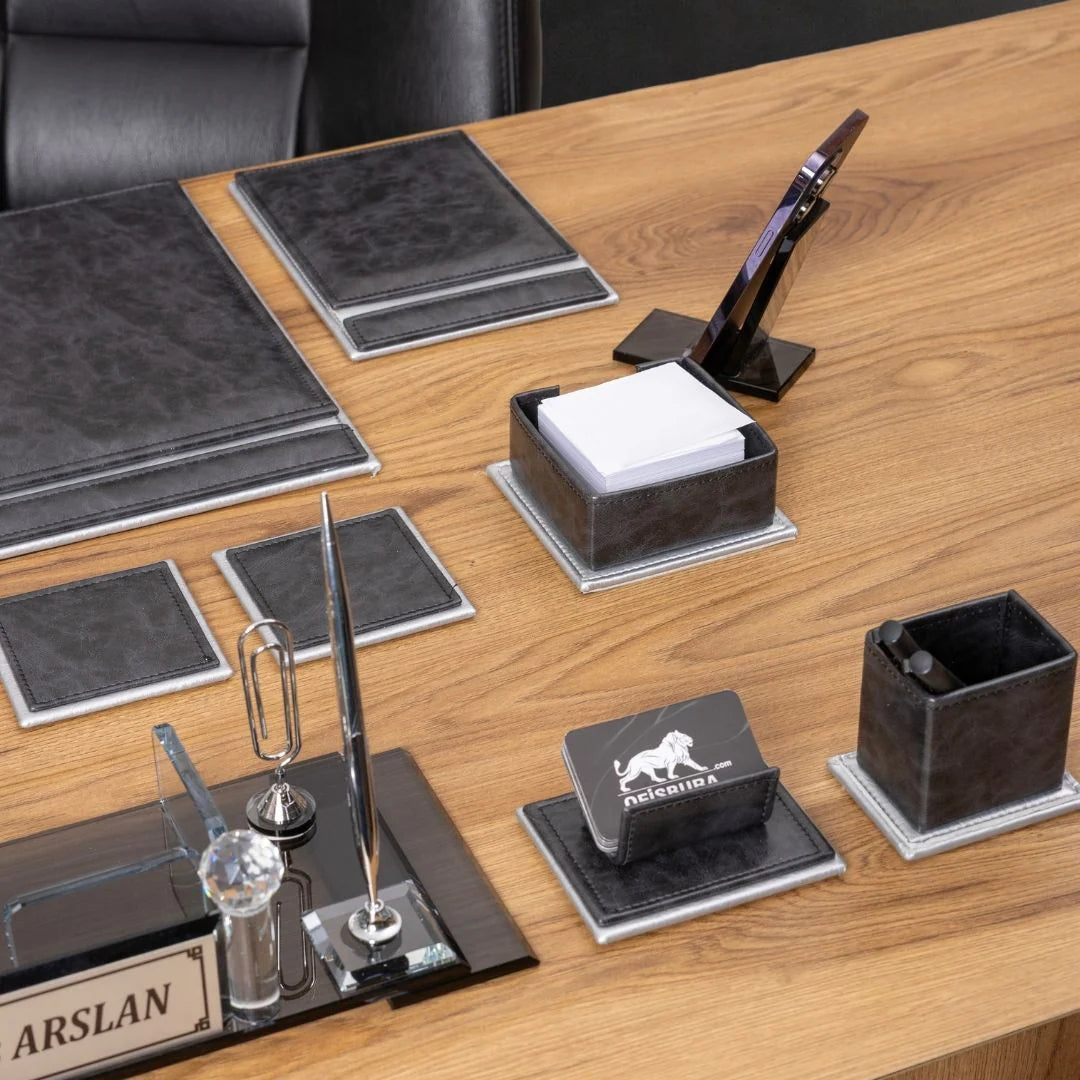 Aura Silver Leather 14-Piece Premium Desk Set