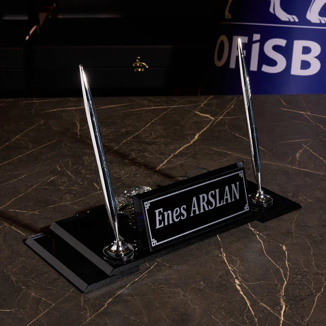 VIP Black Crystal Desk Nameplate - Luxury Office Nameplate with Dual Pen Holder & Clock