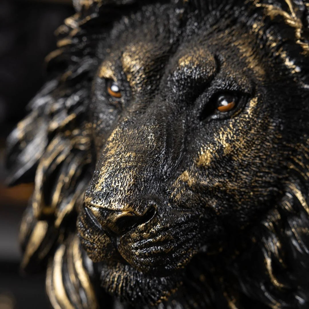 Lion Head Figurine | 30 cm Black Polyester