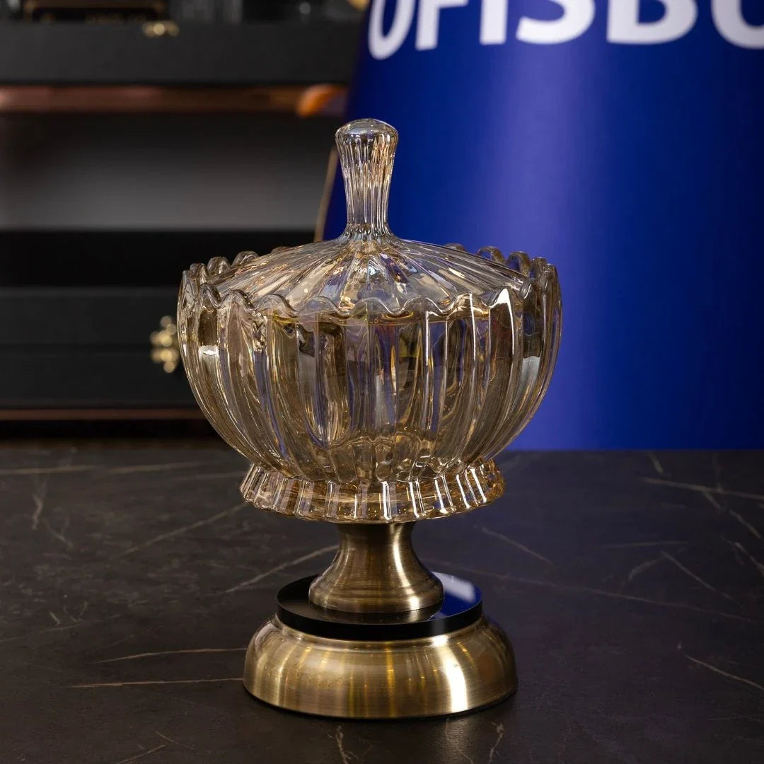 Crystal Glass Candy Dish with Lid, Gold Detail - 25 cm