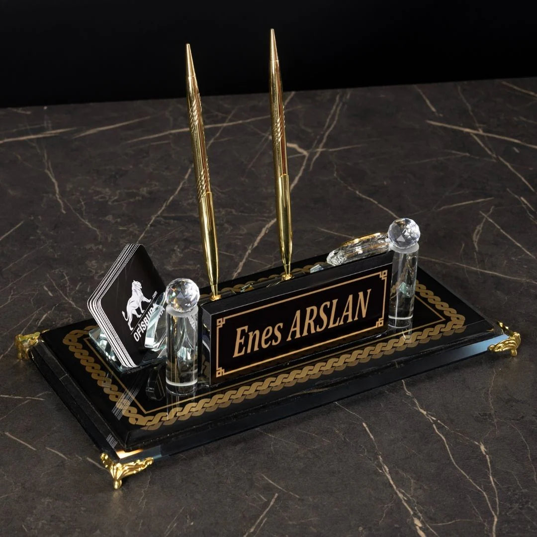 Knit-Pattern Gold Crystal Desk Nameplate - Dual Pen Holder & Clock Office Set