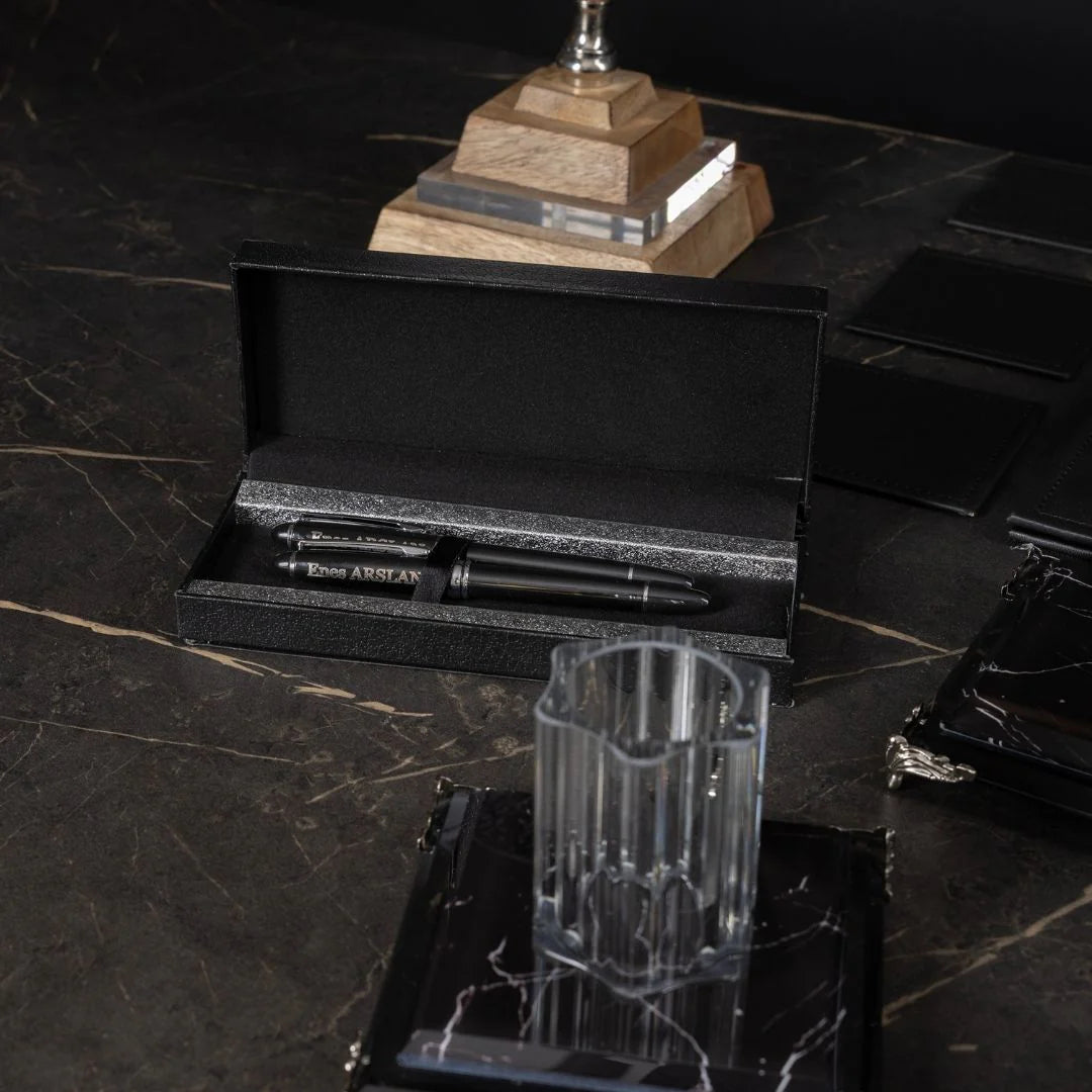 Zebra Black | 19-Piece Premium Crystal Desk Set & Nameplate Set