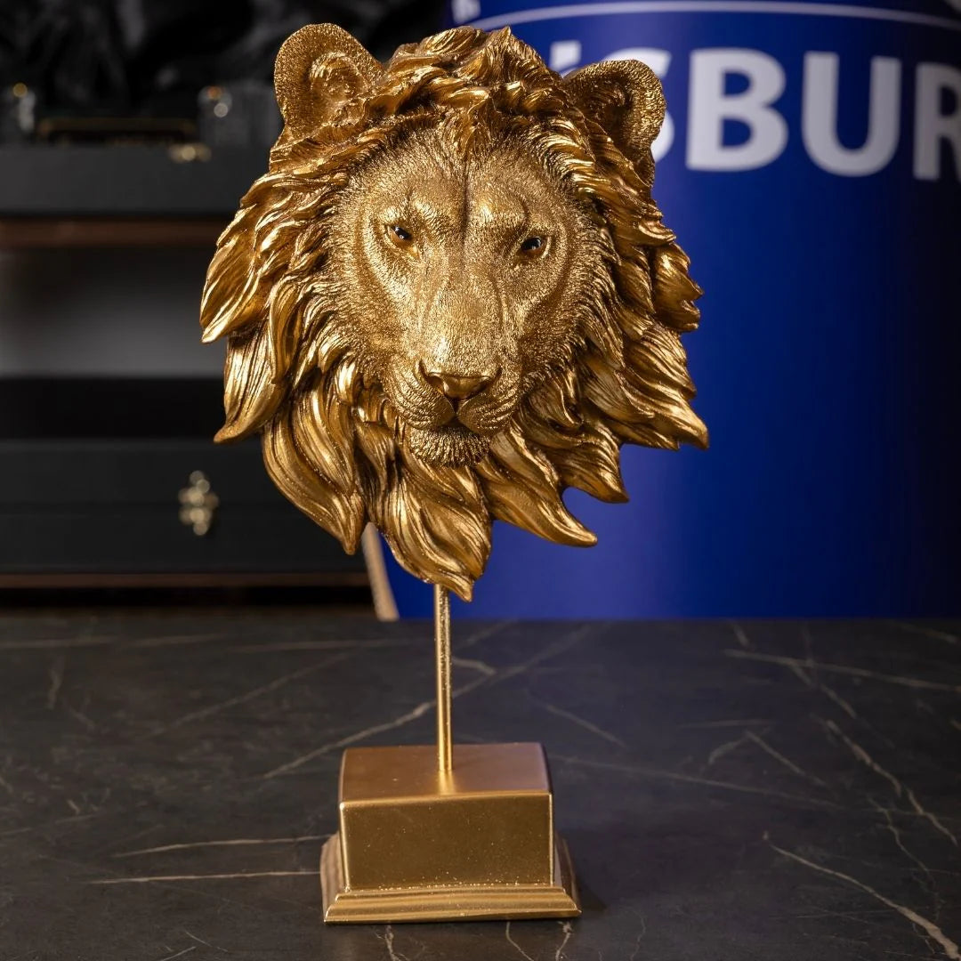 Lion Head Figurine | 30 cm Gold Polyester