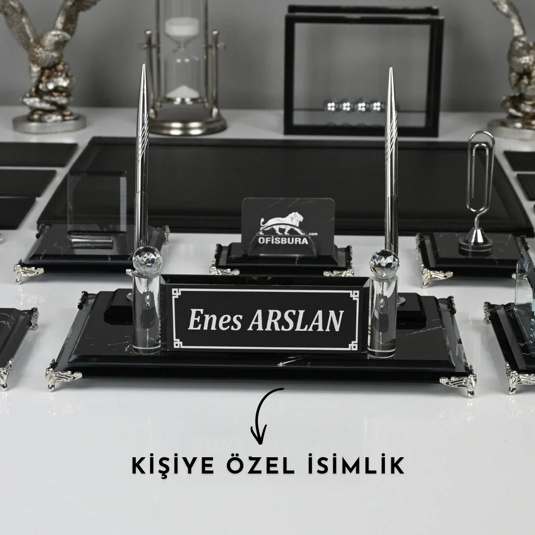 Zebra Black | 20-Piece Crystal Desk Set & Nameplate Set
