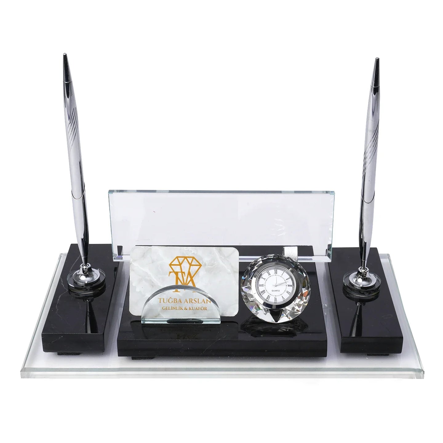 Ephesus Black Marble Desk Nameplate | Silver-Accent Luxury Set - 30 × 16 Cm