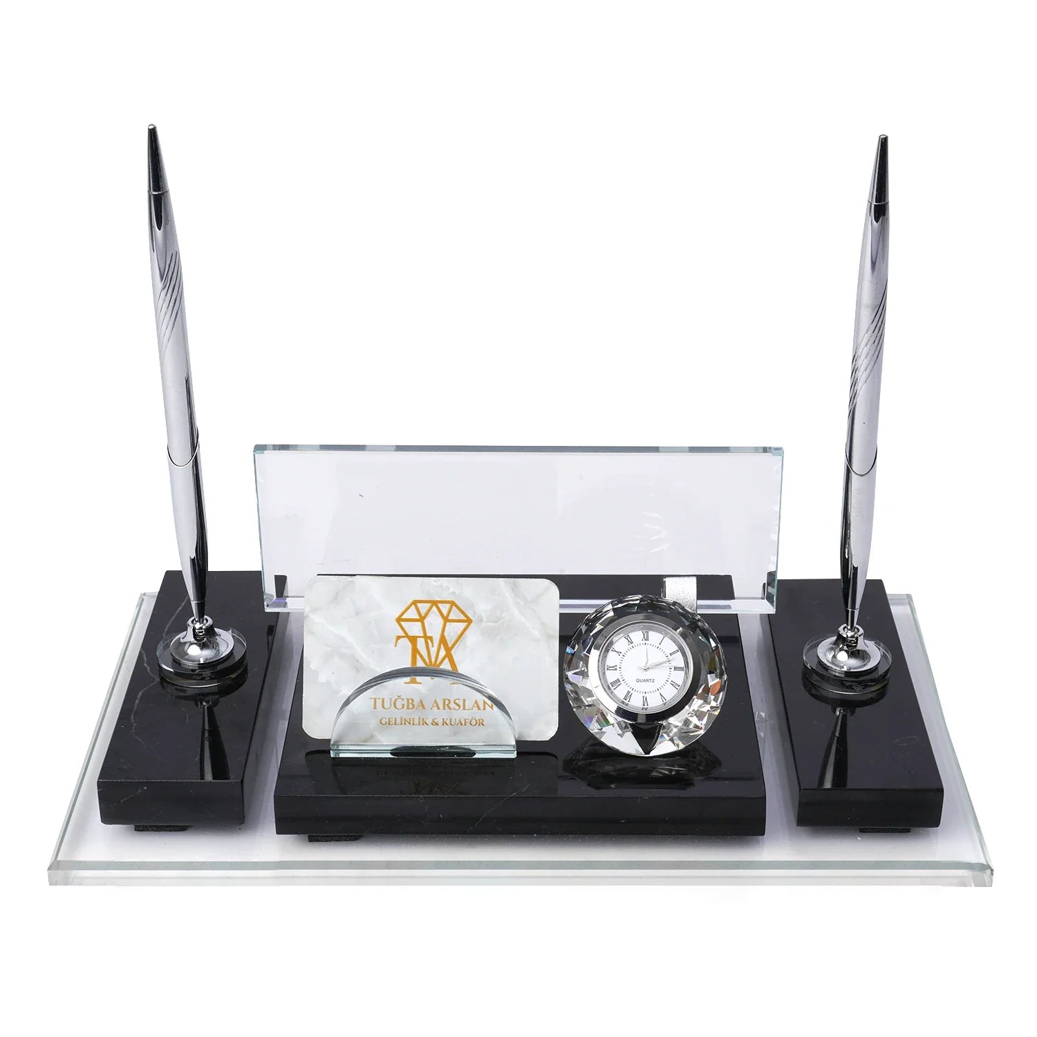 Ephesus Black Marble Desk Nameplate | Silver-Accent Luxury Set - 30 × 16 Cm