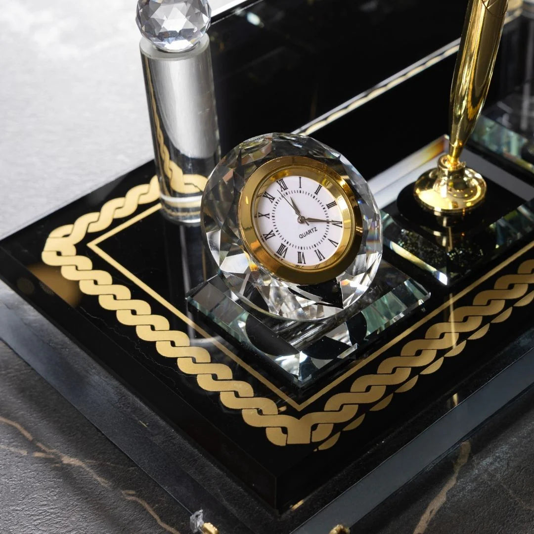 Knit-Pattern Gold Crystal Desk Nameplate - Dual Pen Holder & Clock Office Set