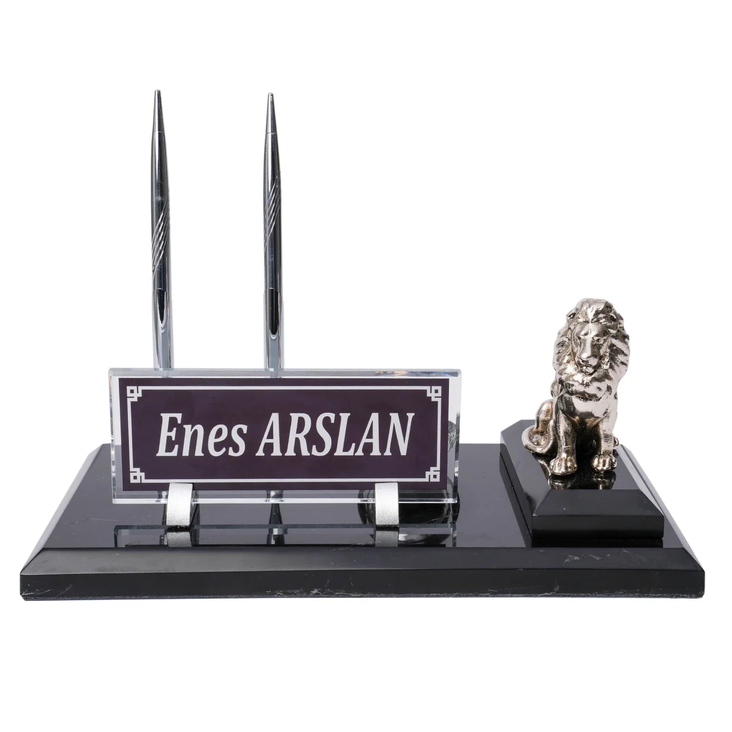 Lion-Figure Marble Desk Nameplate – Black | Personalized Prestige Nameplate