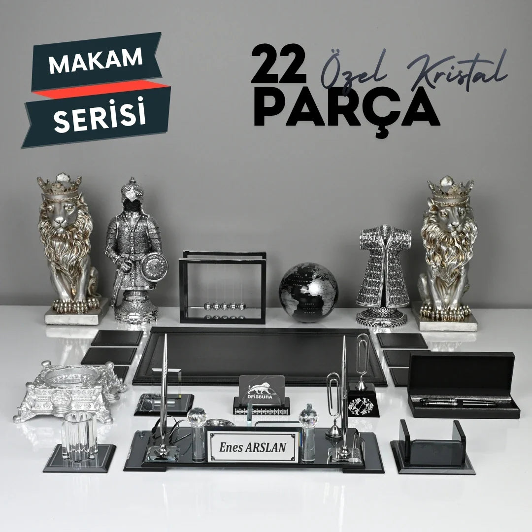 22-Piece Crystal Desk Set & Nameplate Set - Silver Accents