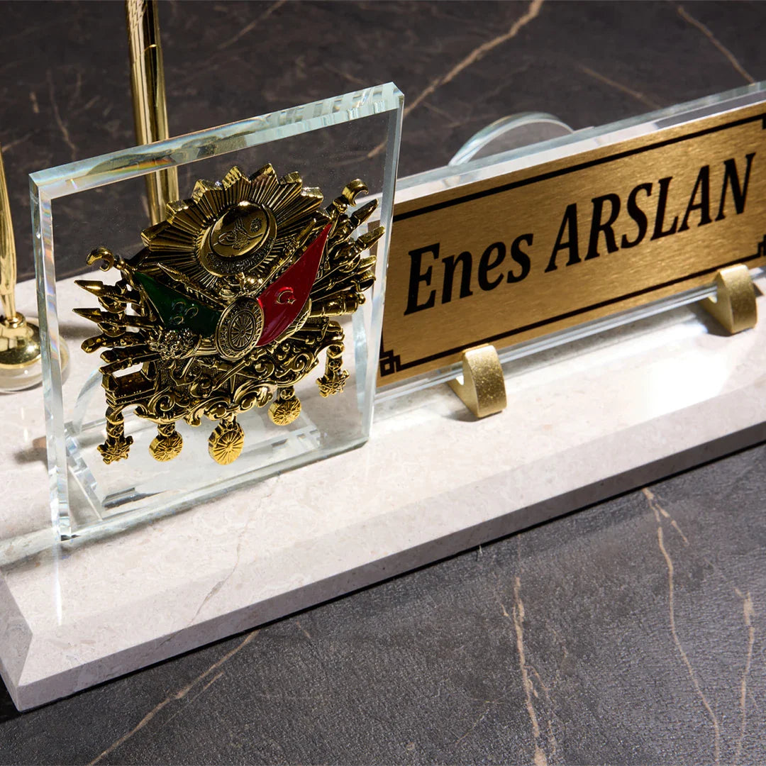 Ottoman Crest Marble Desktop Nameplate Set, Matching Desk Sets - Personalized, with Clock & Dual Pen Holder, Cream