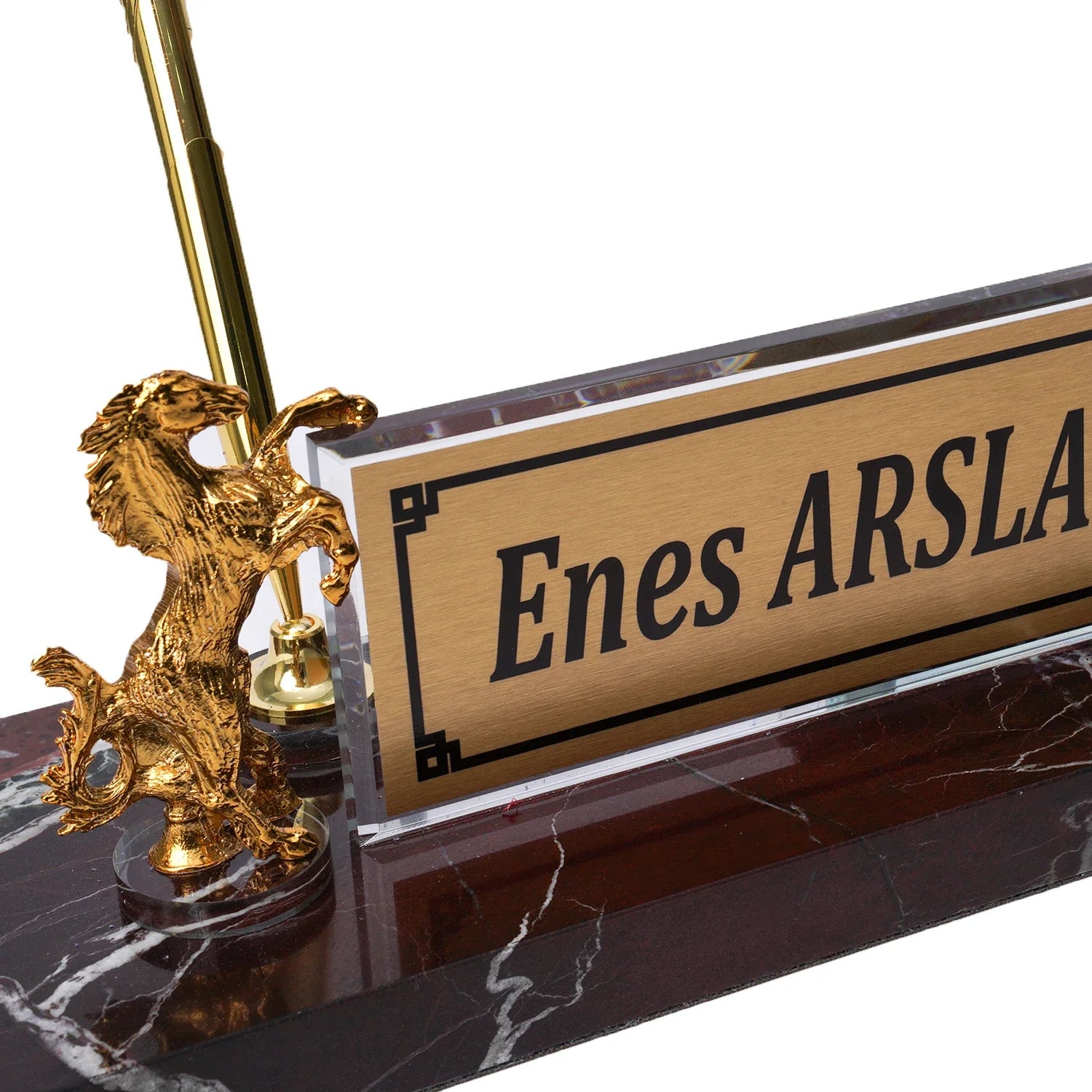 Rearing Horse Burgundy Marble Desk Nameplate - Personalized Luxury Office Set