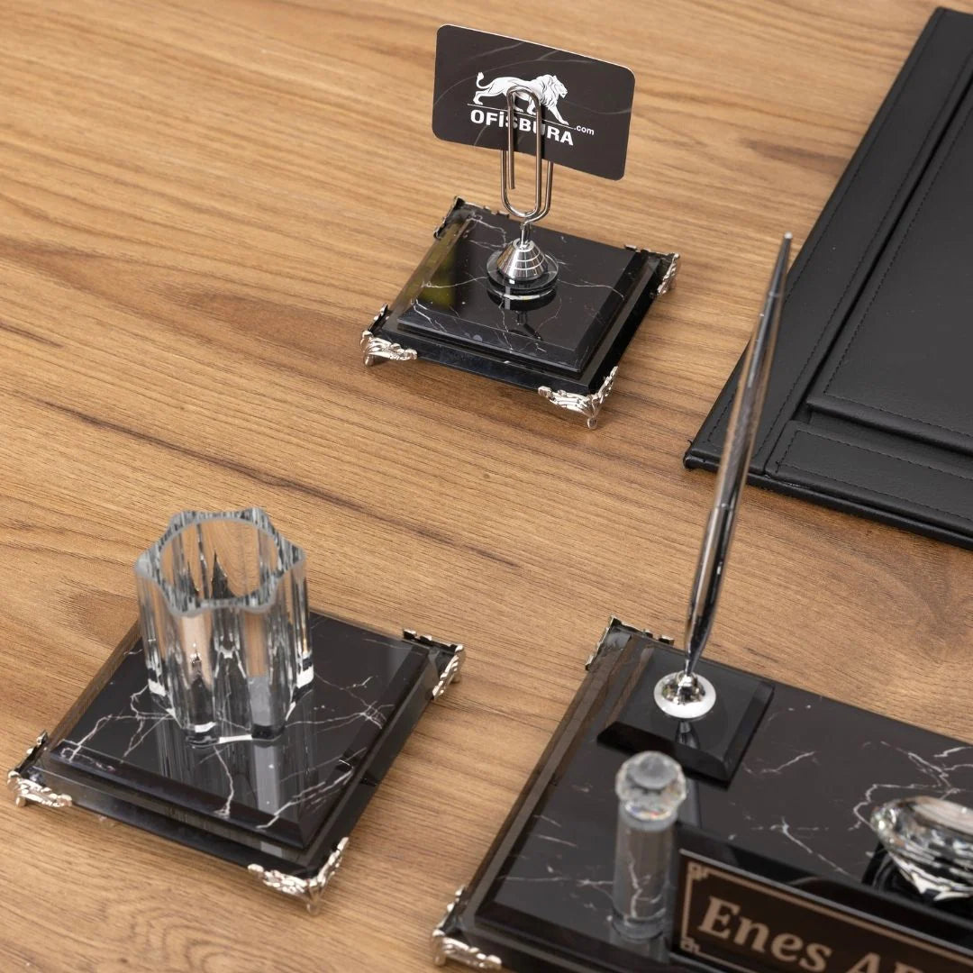 Zebra Black | 7-Piece Crystal Desk Set & Nameplate Set