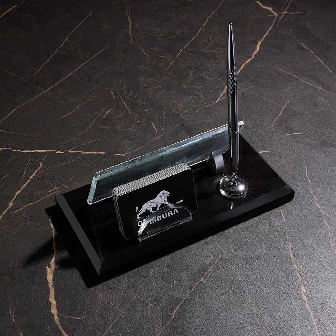 Black Marble Desktop Nameplate Set with Silver Pen Holder - Personalized Desk Nameplate