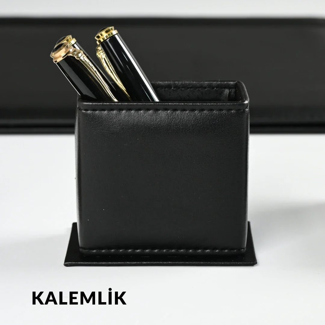 Black - Gold Black 8-Piece Leather Desk Set