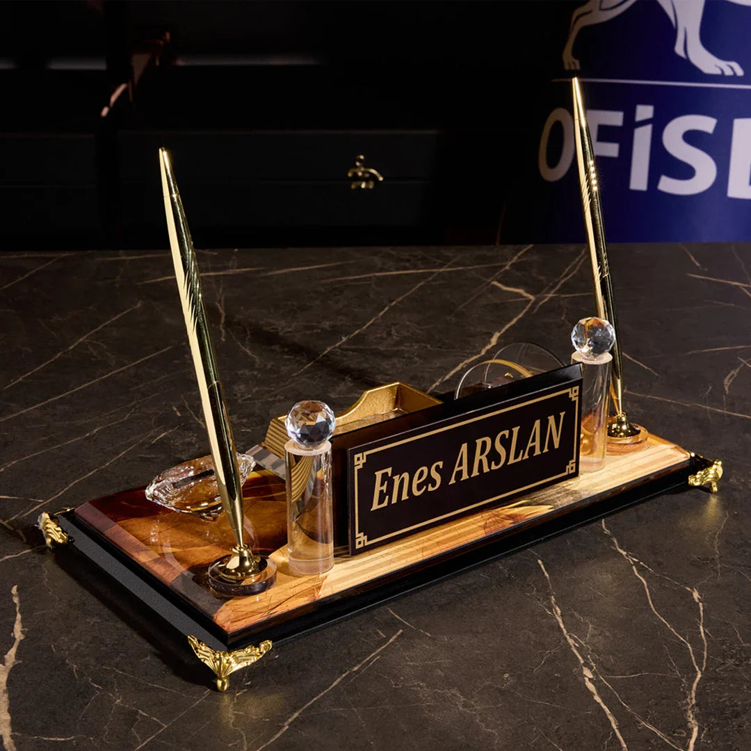 Siena Crystal Desktop Nameplate Set with Clock, Notepad Holder & Dual Pen Holder - Personalized Desk Nameplate